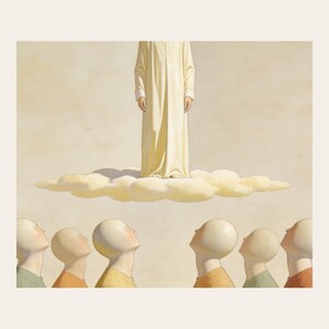 Close detail of The Ascension, highlighting the luminous robe, soft cloud, upward gazes, faceless forms, and warm aged fresco surface. The crop reveals softly modeled faceless forms, muted pigment transitions, fine cracks, and paperlike texture in the modern fresco illustration. This view focuses on the artwork surface rather than frame or room styling.