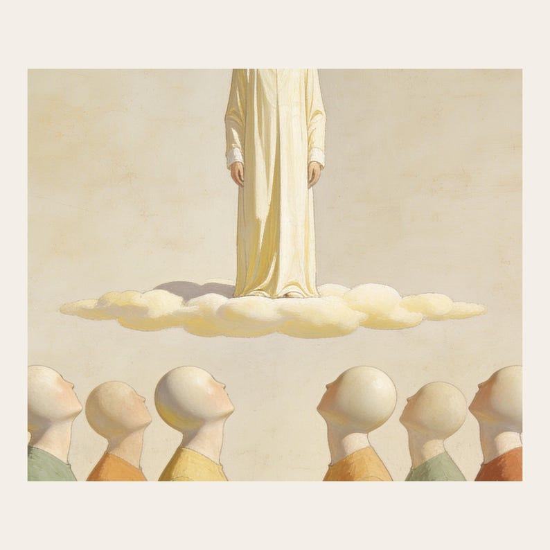 Close detail of The Ascension, highlighting the luminous robe, soft cloud, upward gazes, faceless forms, and warm aged fresco surface. The crop reveals softly modeled faceless forms, muted pigment transitions, fine cracks, and paperlike texture in the modern fresco illustration. This view focuses on the artwork surface rather than frame or room styling.