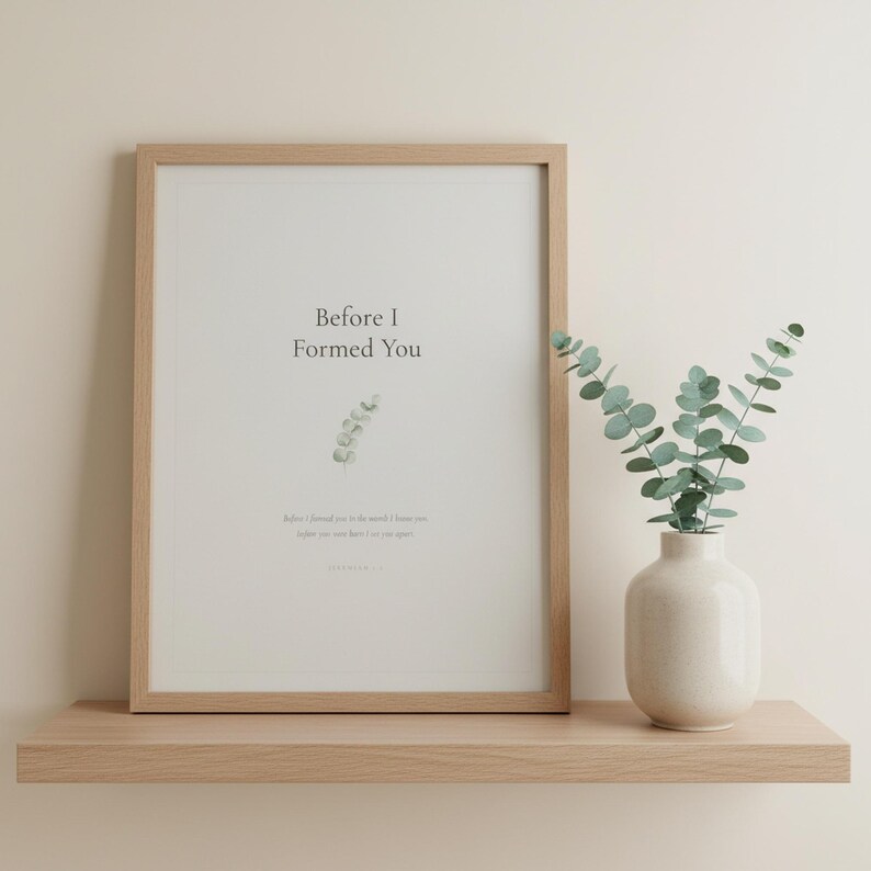 Nursery Bible Verse Wall Art Set of 6 Printable Christian Scripture Prints, in gentle sage green nursery design with soft botanical watercolor illustration and calming earth tones, presented showing all included print sizes — 5x7, 8x10, 11x14, 16x20, A4 and A3 — each in crisp JPG and PDF format at professional 300 DPI resolution for sharp printing at home or any local print shop