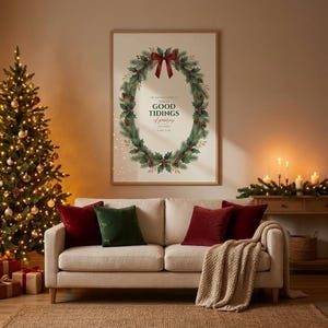 Luke 2:10 Good Tidings of Great Joy nativity scripture print from the Christmas Story set, slim frame behind glass on a cozy Christmas living room wall, decorated tree with warm lights and lit candles, festive holiday evening atmosphere. Printable Christian Christmas wall art instant digital download by TheFramedVerse.