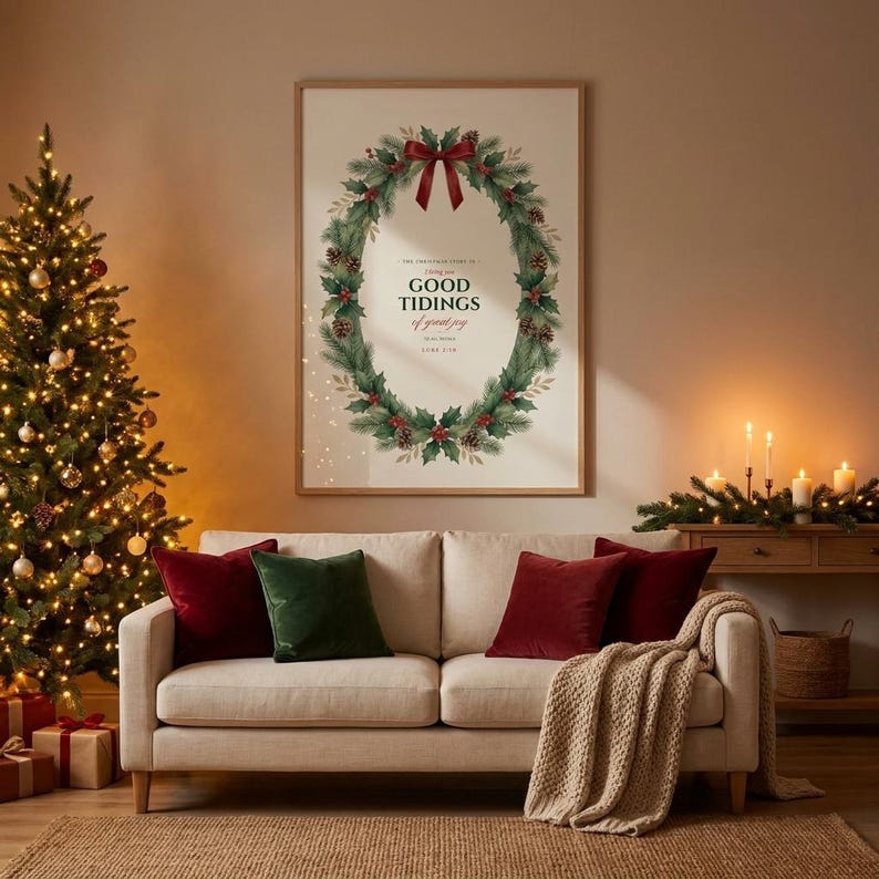 Luke 2:10 Good Tidings of Great Joy nativity scripture print from the Christmas Story set, slim frame behind glass on a cozy Christmas living room wall, decorated tree with warm lights and lit candles, festive holiday evening atmosphere. Printable Christian Christmas wall art instant digital download by TheFramedVerse.