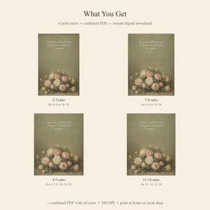 What you get: 4 print size ratios of My Grace Is Sufficient 2 Corinthians 12 9 vintage oil painting digital download — 2:3 ratio (4x6 to 24x36 inches), 3:4 ratio (6x8 to 18x24 inches), 4:5 ratio (4x5, 8x10, 16x20 inches), and 11:14 ratio. All as 300 DPI JPEGs and one combined PDF for instant home or print shop printing
