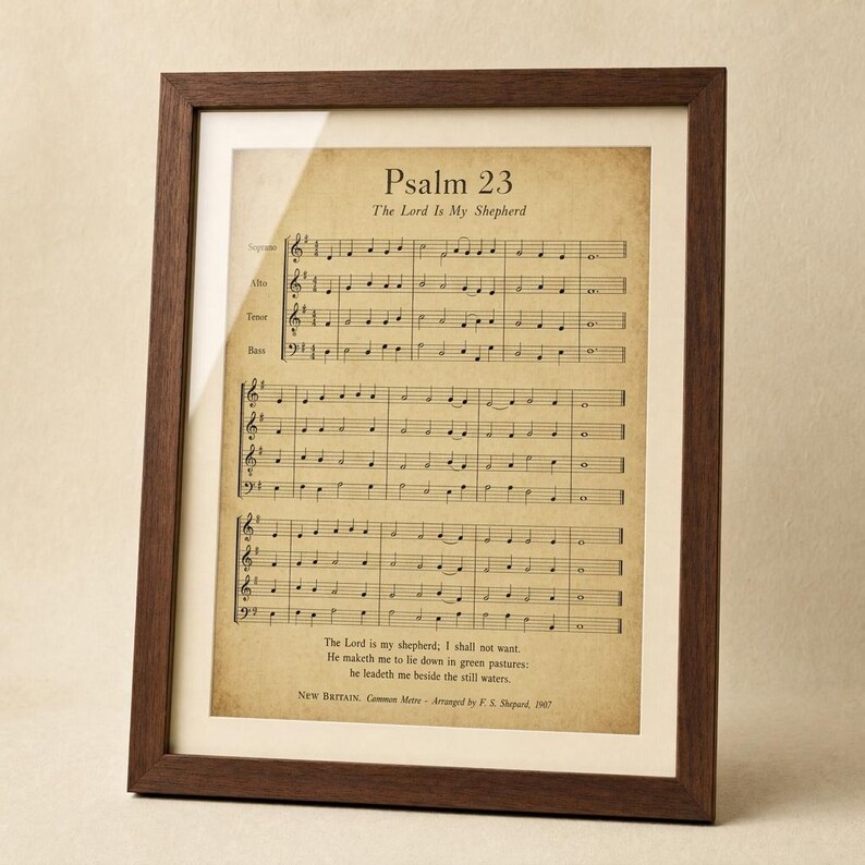 Psalm 23 psalm 23 print in solid walnut wood frame, frontal slightly tilted on neutral cream studio backdrop, top-left key light with subtle glass reflection, e-commerce hero product photograph, psalms 23 digital download, Psalm 23 scripture, TheFramedVerse lord is my shepard Digital download from TheFramedVerse on Etsy, instant scripture art.