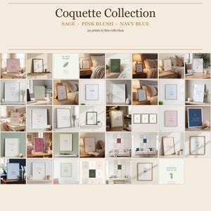 TheFramedVerse Coquette collection mockup — 39 sage green, pink blush, and navy blue Christian wall art Bible verse prints arranged in a cream parchment grid. Modern coquette aesthetic for bedroom, dorm, and apartment Christian decor. Part of the 128+ print Mega Bundle digital download from TheFramedVerse.