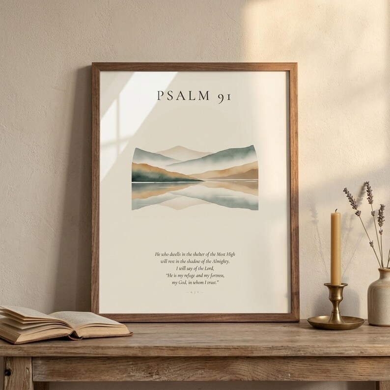 Custom scripture print framed in rustic walnut hardwood with clear glass front showing diagonal reflection, leaning on a weathered oak console next to an open vintage leather book, brass candlestick with beeswax candle, and small ceramic vase with dried lavender, warm golden-hour light, cottage editorial Christian home decor digital download