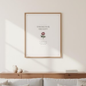 Mothers Day Scripture Wall Art Set of 3 Proverbs 31 25 Christian Mom Gift Bible, in elegant Mother's Day design with soft pink watercolor botanical flowers and graceful serif typography, presented as an elegant flat lay on white marble with a fountain pen and eucalyptus sprig, showing the complete print design in full detail