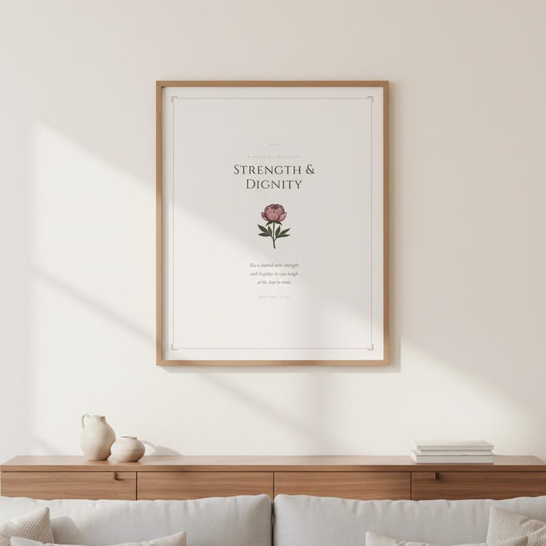 Mothers Day Scripture Wall Art Set of 3 Proverbs 31 25 Christian Mom Gift Bible, in elegant Mother's Day design with soft pink watercolor botanical flowers and graceful serif typography, presented as an elegant flat lay on white marble with a fountain pen and eucalyptus sprig, showing the complete print design in full detail