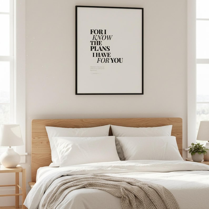 Jeremiah 29:11 Wall Art For I Know the Plans I Have for You Modern Christian, — "For I know the plans I have for you, declares the Lord, plans to prosper you", in contemporary bold serif typography in black on clean white background, photographed in beautiful close-up detail showing the premium glass frame reflection, the crisp typography and the intricate artistic details of the design