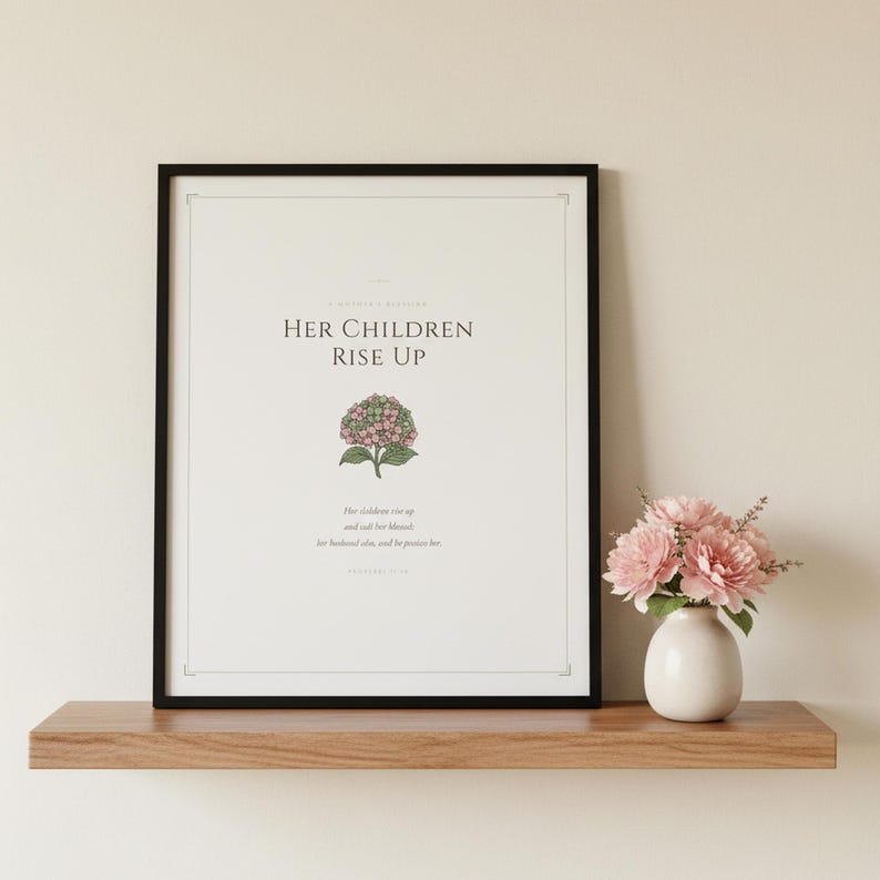 Mothers Day Scripture Set of 3 Christian Wall Art Proverbs 31 Psalm 46 Bible, in gentle sage green nursery design with soft botanical watercolor illustration and calming earth tones, presented as an elegant flat lay on white marble with a fountain pen and eucalyptus sprig, showing the complete print design in full detail