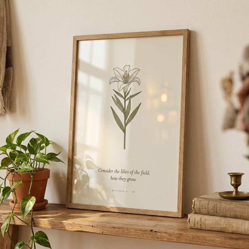 Matthew 6:28 bible verse wall art in oak glass frame on wooden shelf with pothos plant, vintage books and brass candle holder. Close-up of wildflower scripture print with visible window light glass reflection. Part of 6-print digital download set for
