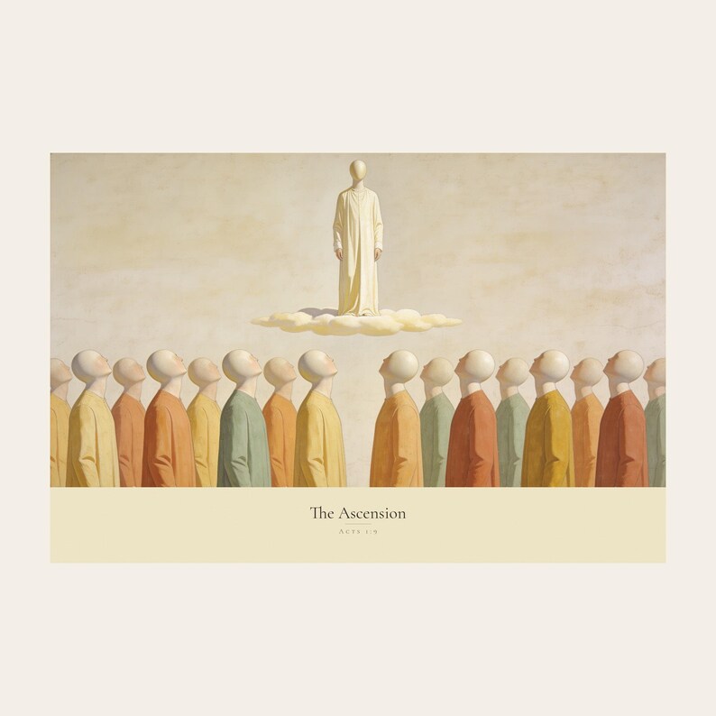 Clean front view of the unframed The Ascension digital print on a light neutral background. The full horizontal composition shows Christ standing in light above a soft cloud while gathered witnesses look upward, followed by the title and Acts 1:9 in serif type on a cream caption band. The complete borders, warm fresco texture, and restrained palette are visible without props or frame.