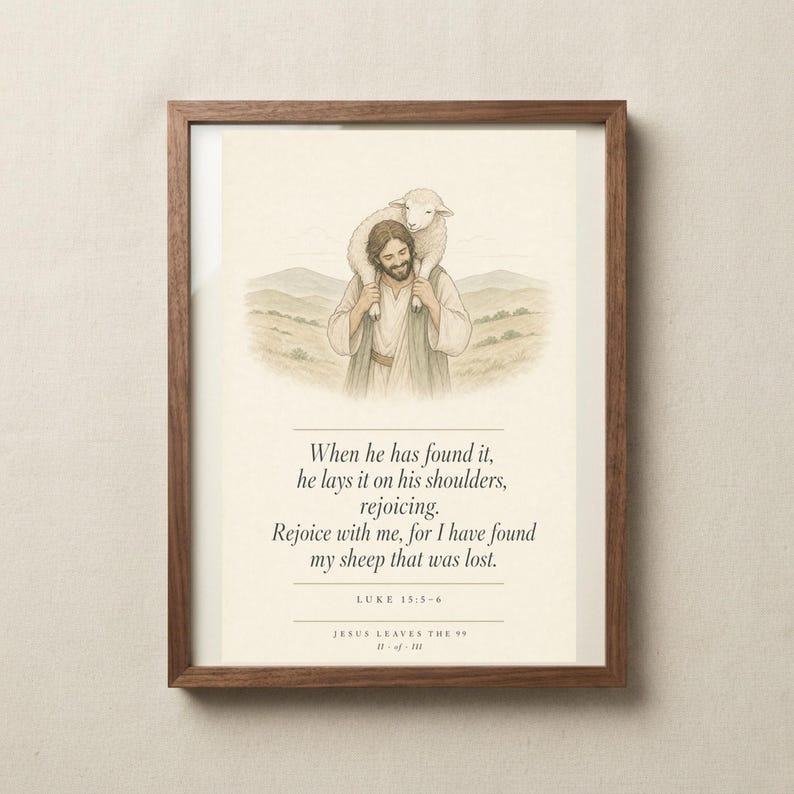 Jesus Leaves the 99 Luke 15 scripture print in solid walnut frame, frontal studio shot on warm off-white backdrop with soft top-left key light, glass reflection visible along left edge, modern minimalist christian typography print, set of three parable of the lost sheep digital download, e-commerce product photo from TheFramedVerse