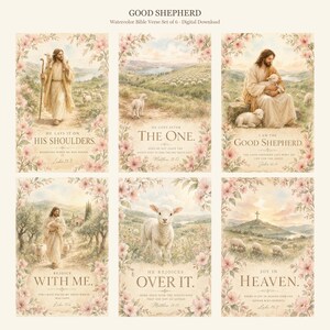 Composition grid of all 6 Good Shepherd watercolor scripture prints — Luke 15:5 He Lays It On His Shoulders, Matthew 18:12 He Goes After the One, John 10:11 I Am the Good Shepherd, Luke 15:6 Rejoice With Me, Matthew 18:13 He Rejoices Over It, Luke 15:7 Joy in Heaven. Cohesive christian wall art set bundle for digital download.