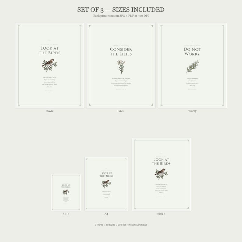 Matthew 6 Set of 3 Wall Art what you get sizes included. Three scripture prints comparison sizes 8x10 11x14 16x20 A4 A3, sermon on the mount christian wall art digital download