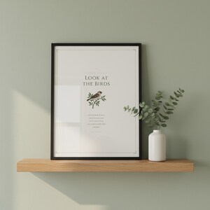 Look at the Birds Matthew 6 26 Wall Art Set of 3 Consider the Lilies, in serene sage green living room scene with botanical accents, christian aesthetic decor sermon on the mount scripture wall art