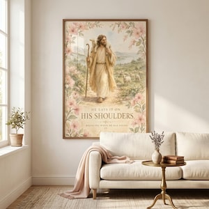 He Lays It On His Shoulders Luke 15:5 Watercolor Print, Good Shepherd Wall Art, Jesus Holding Lamb Digital Download, Christian Decor