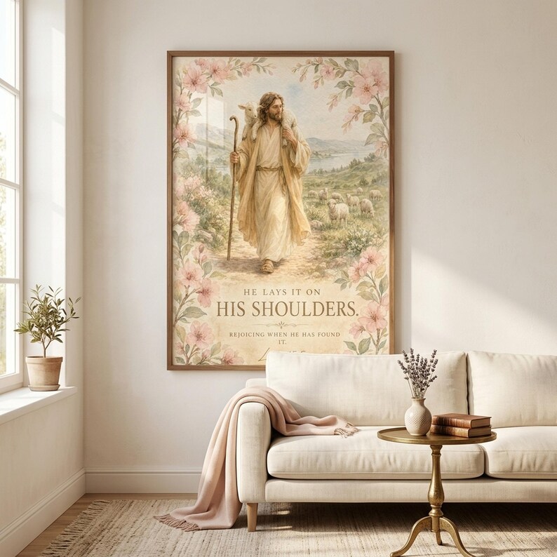 He Lays It On His Shoulders Luke 15:5 watercolor wall art print displayed in walnut wood frame above a cream linen sofa in a sunlit Christian family living room with dried lavender, brass side table, and blush throw blanket. Perfect baptism gift, christian nursery decor, faith home wall art. Digital download instant access.