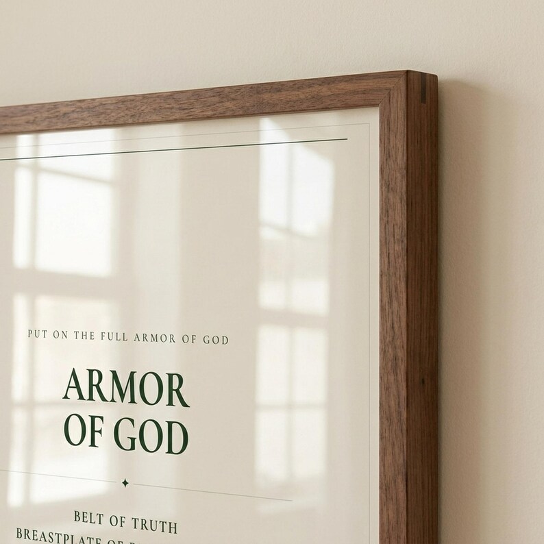 Armor of God Ephesians 6 scripture print bold minimalist christian wall art boys room confirmation baptism gift dark forest green typography on warm cream background, close-up detail walnut frame glass reflection natural golden window light cream wall, digital download printable wall art instant download