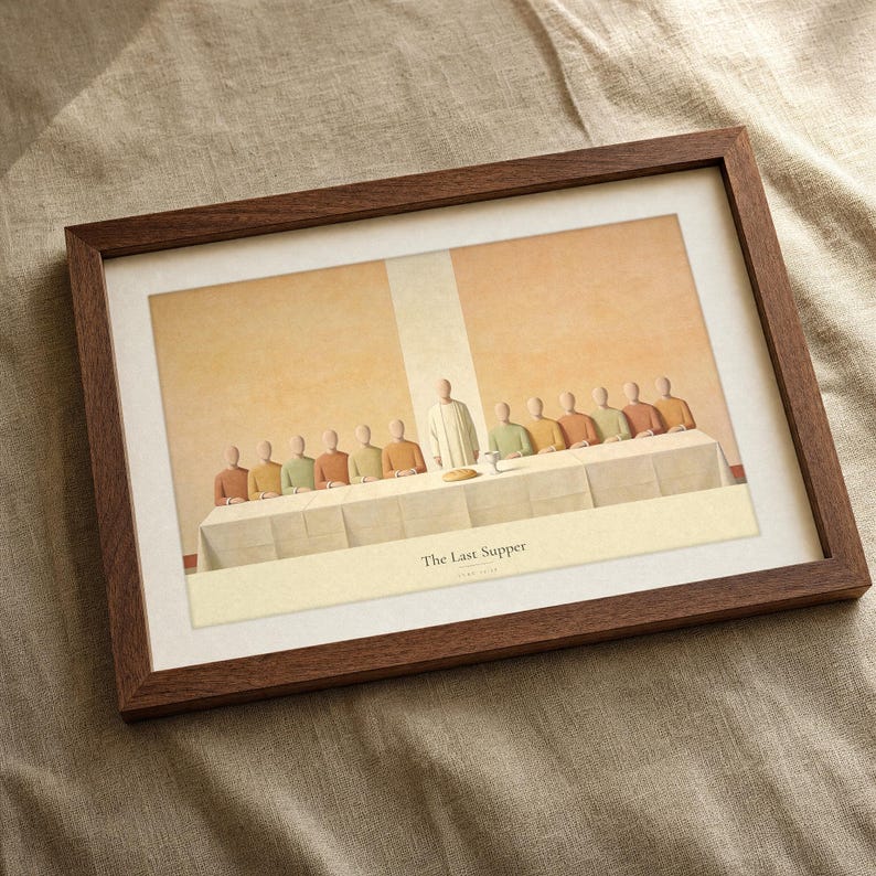 Extreme macro detail of the Last Supper art print on archival matte paper, showing the fresco like plaster texture of the background, the flat terracotta and olive robes of the seated figures and the crisp small caps LUKE 22:19 reference line in tack sharp focus. Visible paper grain and deep ink saturation, modern Christian wall art digital download from TheFramedVerse on Etsy.