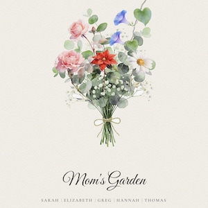 Clean front view of the 2:3 master file for a personalized watercolor family bouquet on a soft ivory background. Individual birth month flowers form a balanced arrangement above the names, with Mom's Garden centered as the editable title. The uncluttered view shows the complete custom flower print clearly, without a frame or room props, ready for printing.
