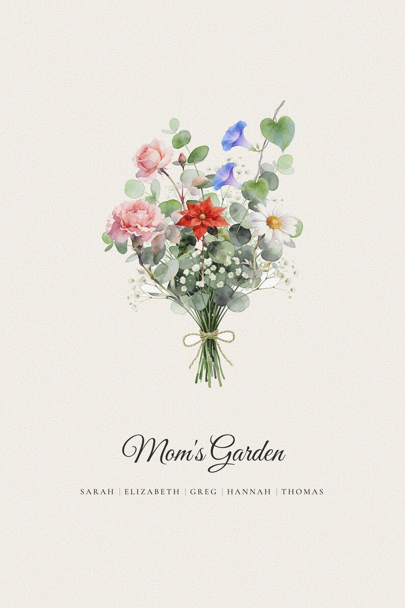 Clean front view of the 2:3 master file for a personalized watercolor family bouquet on a soft ivory background. Individual birth month flowers form a balanced arrangement above the names, with Mom's Garden centered as the editable title. The uncluttered view shows the complete custom flower print clearly, without a frame or room props, ready for printing.