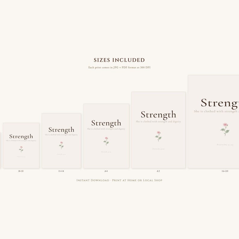 Proverbs 31 25 Wall Art She is Clothed in Strength and Dignity Scripture Print, in elegant Mother's Day design with soft pink watercolor botanical flowers and graceful serif typography, hanging above a cozy bed in a peaceful bedroom setting, creating an inspiring and calming atmosphere for morning devotions and evening prayer