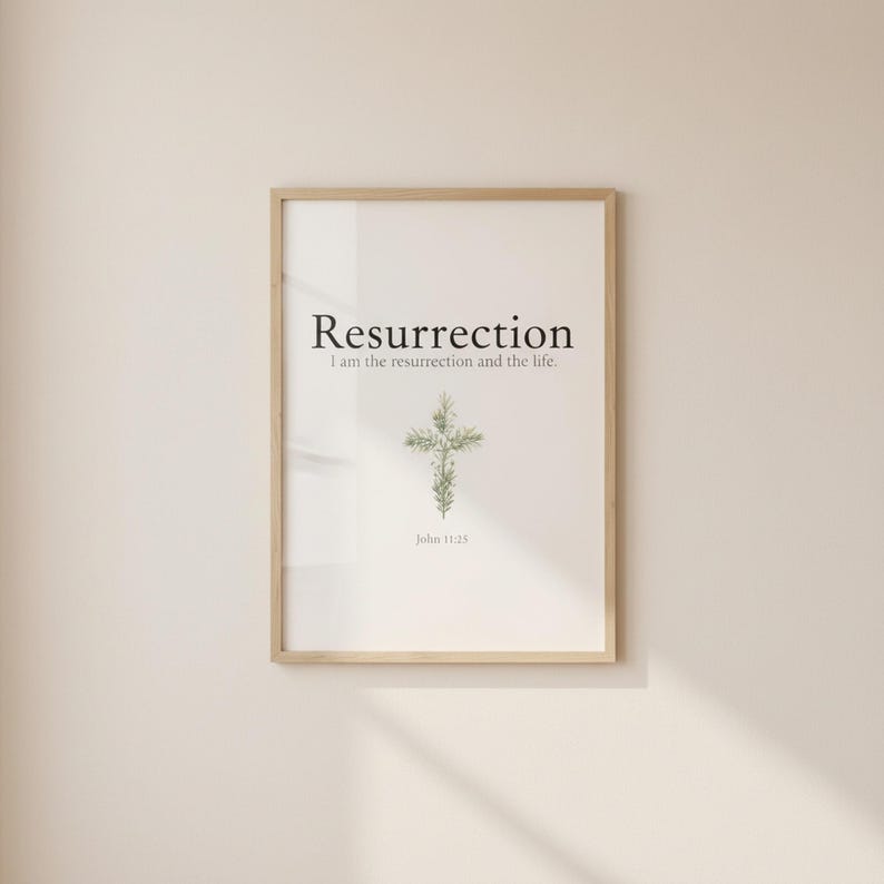 Christian Floral Cross Easter Art, Scripture Wall Decor, in beautiful floral cross composed of spring roses, greenery and wildflowers, photographed in beautiful close-up detail showing the premium glass frame reflection, the crisp typography and the intricate artistic details of the design