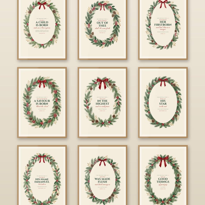 Nativity Christmas Story Scripture gallery wall set of nine watercolor Bible verse prints in slim oak frames on a warm cream wall — Isaiah 9:6, Micah 5:2, Luke 2, Matthew 2:2, Matthew 1:23 and John 1:14 — each verse framed in a festive evergreen wreath with holly, red berries and gold. Printable Christian Christmas wall art digital download from TheFramedVerse on Etsy.