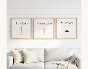 Easter He is Risen Scripture Art Set, Floral Cross Bible Verse Prints, Christian Easter Wall Art Gift