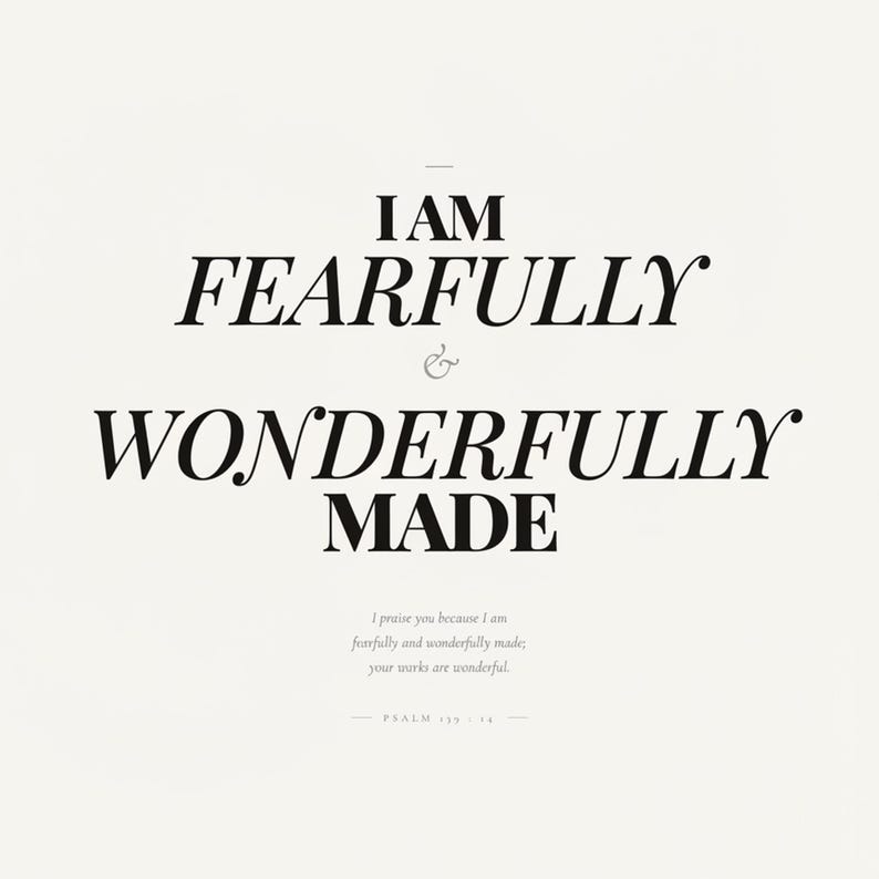 Psalm 139 14 Wall Art Fearfully and Wonderfully Made Scripture Print Nursery, in gentle sage green nursery design with soft botanical watercolor illustration and calming earth tones, presented showing all included print sizes — 5x7, 8x10, 11x14, 16x20, A4 and A3 — each in crisp JPG and PDF format at professional 300 DPI resolution for sharp printing at home or any local print shop