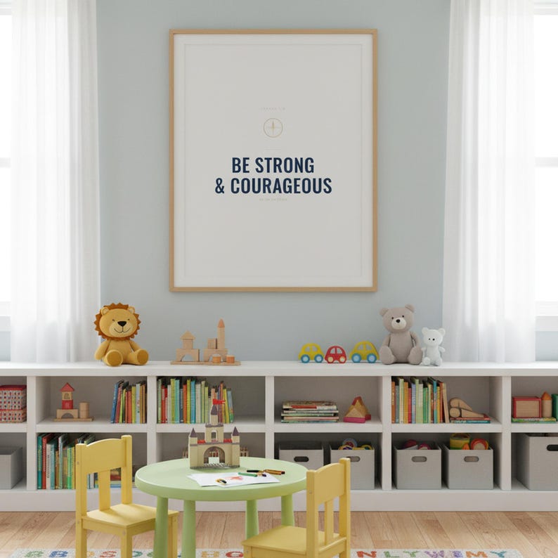Be Strong and Courageous Joshua 1:9 Wall Art Christian Boys Room Print Scripture — close-up detail of typography and paper texture. This elegant christian scripture wall art print features beautiful serif typography on warm cream background. Joshua 1:9 bible verse digital download printable for home office bedroom living room gallery wall decor. Perfect christian gift idea from TheFramedVerse o...