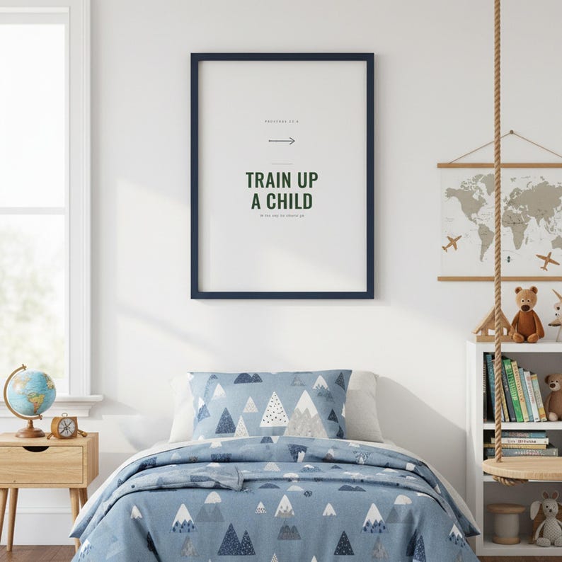 Train Up a Child Proverbs 22:6 Wall Art Christian Boys Room Print Scripture Deco — what you get size overview showing all available print dimensions. This elegant christian scripture wall art print features beautiful serif typography on warm cream background. Proverbs 22:6 bible verse digital download printable for home office bedroom living room gallery wall decor. Perfect christian gift idea ...