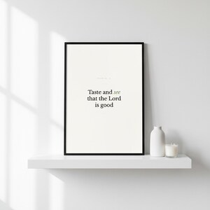 Scripture Wall Art Set of 6 Minimalist Bible Verse Prints Modern Christian Home  — shelf mockup leaning on wood shelf with decorative items. This modern minimalist christian scripture wall art print features beautiful serif typography on warm cream background. digital download printable for home office bedroom living room gallery wall decor. Perfect christian gift idea from TheFramedVerse on Etsy.