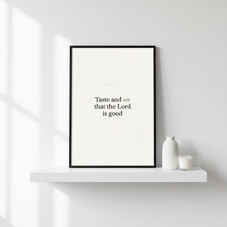 Scripture Wall Art Set of 6 Minimalist Bible Verse Prints Modern Christian Home  — shelf mockup leaning on wood shelf with decorative items. This modern minimalist christian scripture wall art print features beautiful serif typography on warm cream background. digital download printable for home office bedroom living room gallery wall decor. Perfect christian gift idea from TheFramedVerse on Etsy.