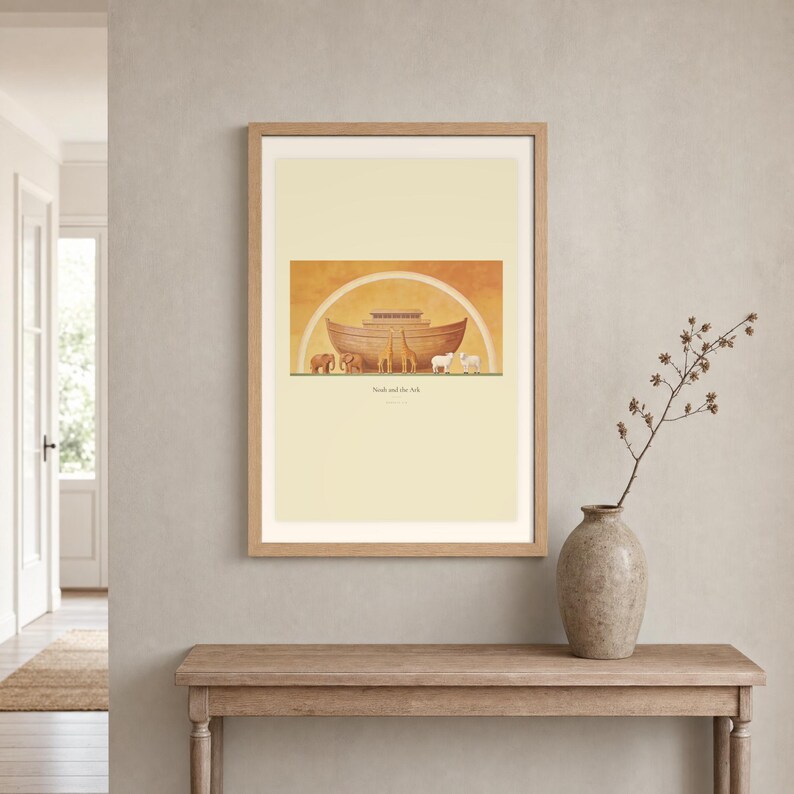 Room mockup of Noah and the Ark displayed in a light oak frame on a warm neutral wall. The landscape artwork shows a wooden ark beneath a rainbow with three animal pairs, elephants, giraffes, and sheep. A wide cream mat and restrained fresco palette suit a calm living room, prayer space, or Christian home. The printed title and Genesis 7:9 remain visible beneath the image.