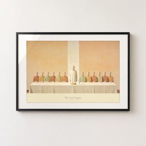The Last Supper abstract jesus painting in a thin black metal landscape frame, shown straight on against a clean off white textured wall with soft directional light and a gentle drop shadow. Christ sits centered on the axis with six disciples to each side, bread and chalice on the table between them. Minimalist modern Christian print, instant download from TheFramedVerse on Etsy.