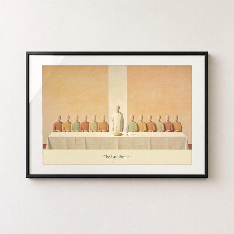 The Last Supper abstract jesus painting in a thin black metal landscape frame, shown straight on against a clean off white textured wall with soft directional light and a gentle drop shadow. Christ sits centered on the axis with six disciples to each side, bread and chalice on the table between them. Minimalist modern Christian print, instant download from TheFramedVerse on Etsy.