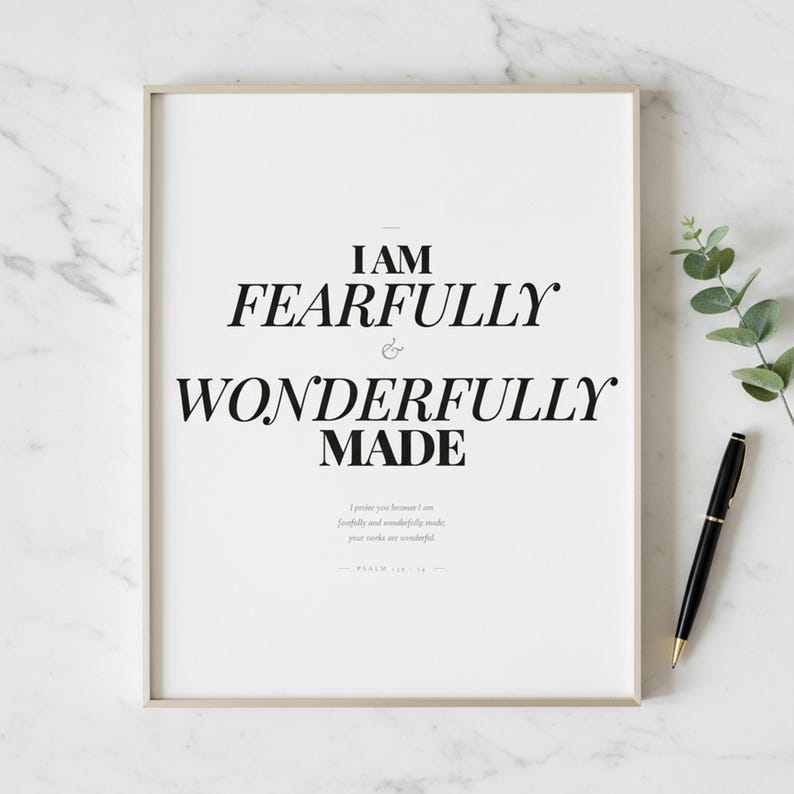 Psalm 139 14 Wall Art Fearfully and Wonderfully Made Scripture Print Nursery, — "I praise you because I am fearfully and wonderfully made; your works are wonderful", in gentle sage green nursery design with soft botanical watercolor illustration and calming earth tones, showcased in an elegant contemporary home interior with curated decor elements, demonstrating how this Christian art piece
