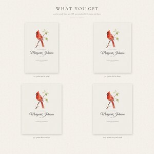 What you get graphic for the personalized cardinal memorial print, displaying four high resolution JPEG ratios, 2:3, 3:4, 4:5 and 11:14. The image notes 300 DPI quality, customization with one name and dates, a Read-Me guide available immediately after purchase, and completed digital files delivered through Etsy message within 24 hours for printing and framing.