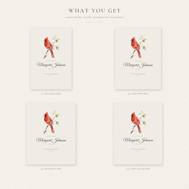 What you get graphic for the personalized cardinal memorial print, displaying four high resolution JPEG ratios, 2:3, 3:4, 4:5 and 11:14. The image notes 300 DPI quality, customization with one name and dates, a Read-Me guide available immediately after purchase, and completed digital files delivered through Etsy message within 24 hours for printing and framing.