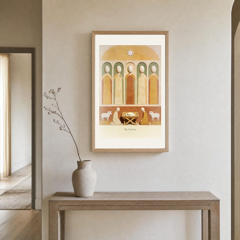 Portrait format preview of The Nativity, adapted for a vertical frame while preserving the title and Luke 2:7 on the cream caption area. The plate layout presents the wrapped child in a low manger between two kneeling figures, beneath a single star. Warm ochre, sage, apricot, cream, and terracotta retain the same softly weathered fresco character as the horizontal files.