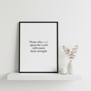 Isaiah 40:31 Wall Art Those Who Wait Upon the Lord Minimalist Scripture Print Bi — close-up detail of typography and paper texture. This modern minimalist christian scripture wall art print features beautiful serif typography on warm cream background. Isaiah 40:31 bible verse digital download printable for home office bedroom living room gallery wall decor. Perfect christian gift idea from TheF...