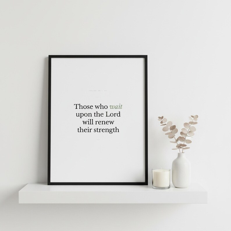 Isaiah 40:31 Wall Art Those Who Wait Upon the Lord Minimalist Scripture Print Bi — close-up detail of typography and paper texture. This modern minimalist christian scripture wall art print features beautiful serif typography on warm cream background. Isaiah 40:31 bible verse digital download printable for home office bedroom living room gallery wall decor. Perfect christian gift idea from TheF...