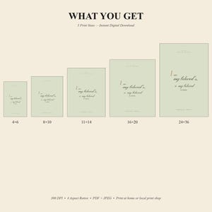 What you get: 4 print sizes of Song of Solomon 6:3 'I Am My Beloved's' coquette Christian wedding wall art digital download — 2:3 ratio (4x6 to 24x36), 3:4 ratio (6x8 to 18x24), 4:5 ratio (4x5, 8x10, 16x20), and 11:14 ratio, plus combined PDF for instant printing at home or local print shop