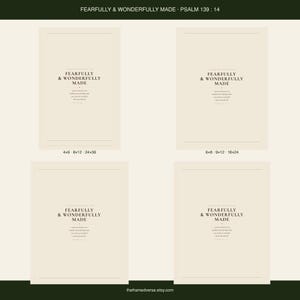 What you get overview showing the design and its four high resolution printable ratios for flexible frame sizes. The Fearfully and Wonderfully Made artwork uses minimalist boho typography in beige, brown, and black. This Psalm 139:14 print suits a nursery, baptism gift, baby dedication, bedroom, or quiet Christian reading corner as printable digital wall art.