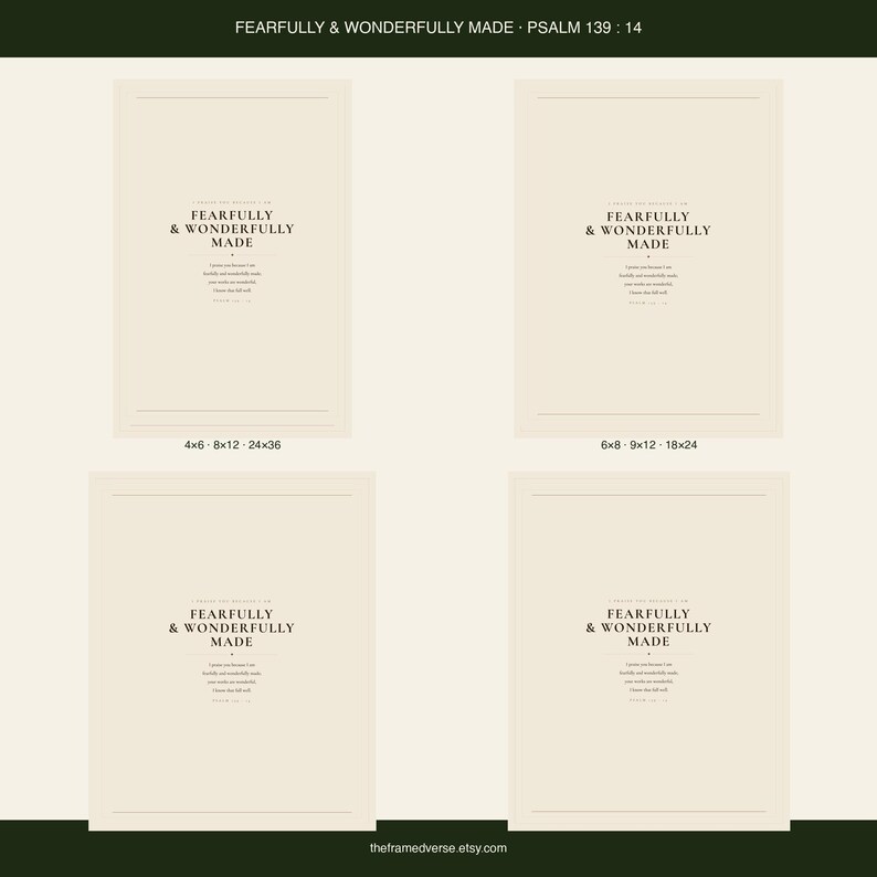 What you get overview showing the design and its four high resolution printable ratios for flexible frame sizes. The Fearfully and Wonderfully Made artwork uses minimalist boho typography in beige, brown, and black. This Psalm 139:14 print suits a nursery, baptism gift, baby dedication, bedroom, or quiet Christian reading corner as printable digital wall art.