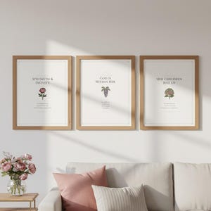 Mothers Day Scripture Set of 3 Christian Wall Art Proverbs 31 Psalm 46 Bible, in gentle sage green nursery design with soft botanical watercolor illustration and calming earth tones, hanging in a serene sage green nursery above a rattan bassinet with a cozy white blanket, macrame wall hanging, and fresh eucalyptus — creating a peaceful and faith-filled space for baby