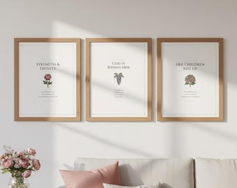 Gospel Miracle Women, Mothers Day Gift, Psalm 46:5, Subtle Christian Art Set of 3 Botanical Scripture Prints