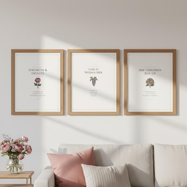Mothers Day Scripture Set of 3 Christian Wall Art Proverbs 31 Psalm 46 Bible, in gentle sage green nursery design with soft botanical watercolor illustration and calming earth tones, hanging in a serene sage green nursery above a rattan bassinet with a cozy white blanket, macrame wall hanging, and fresh eucalyptus — creating a peaceful and faith-filled space for baby