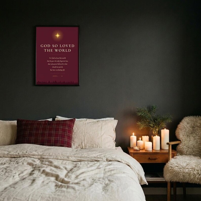 John 3:16 God So Loved the World Christmas Scripture Wall Art, deep burgundy gold, Bethlehem star - TheFramedVerse minimalist christian print, digital download, living room decor
